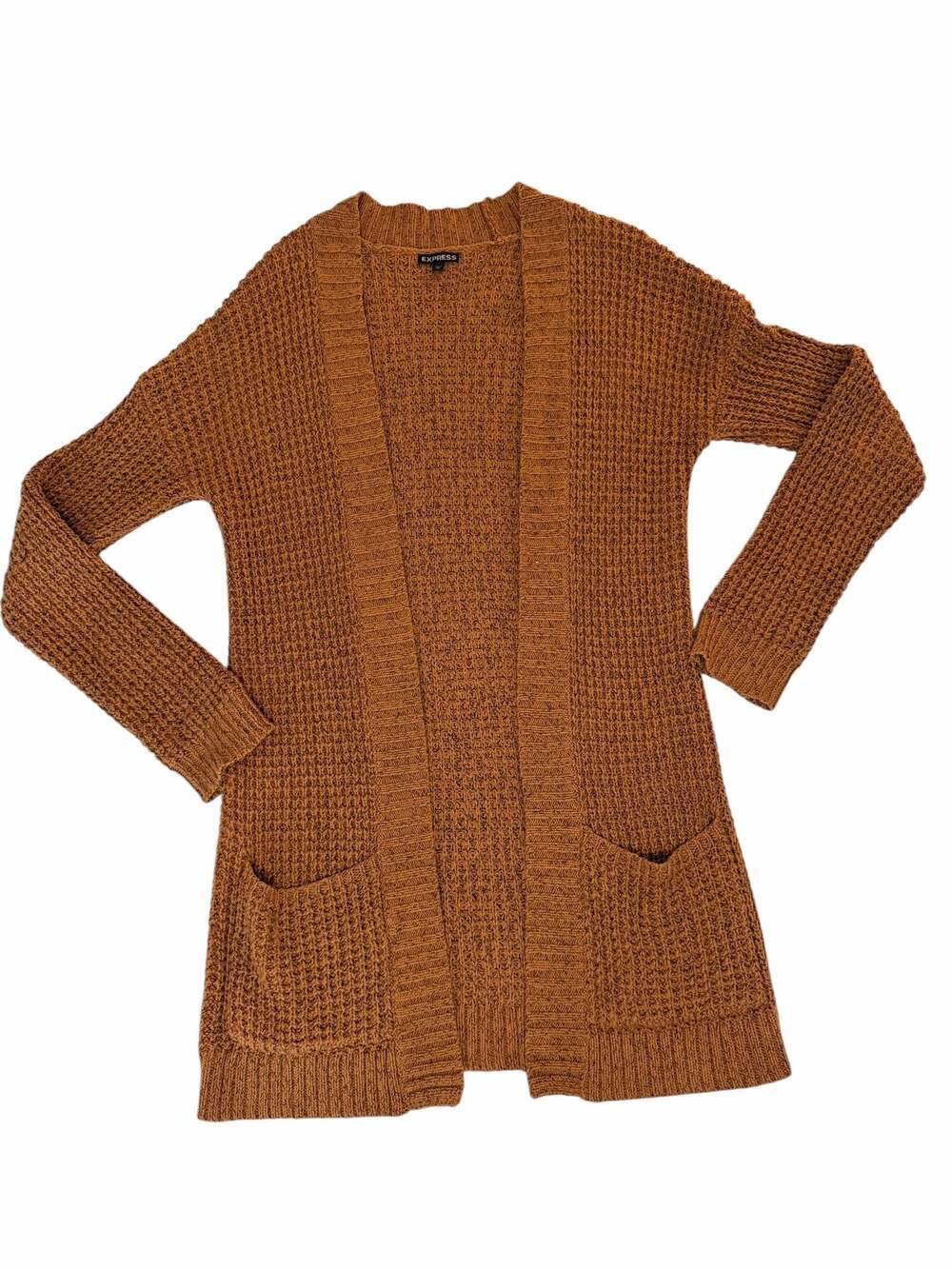 Women's Brown Waffle Knit Open Front Cardigan with Pockets - Picture 2 of 6